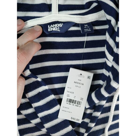 Lands' End Swim Coverup Womens Medium (10-12) Blue Hooded Terry Cloth Stripe NWT - Picture 2 of 7
